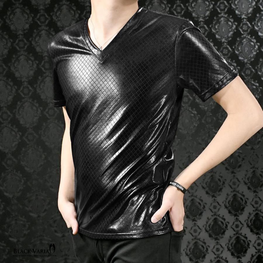 BlackVaria Tシャツ Vネック 格子 幾何柄 光沢 ダイヤ柄 日本製 半袖 mens メンズ(ブラック黒) 193203｜mroutlet｜03