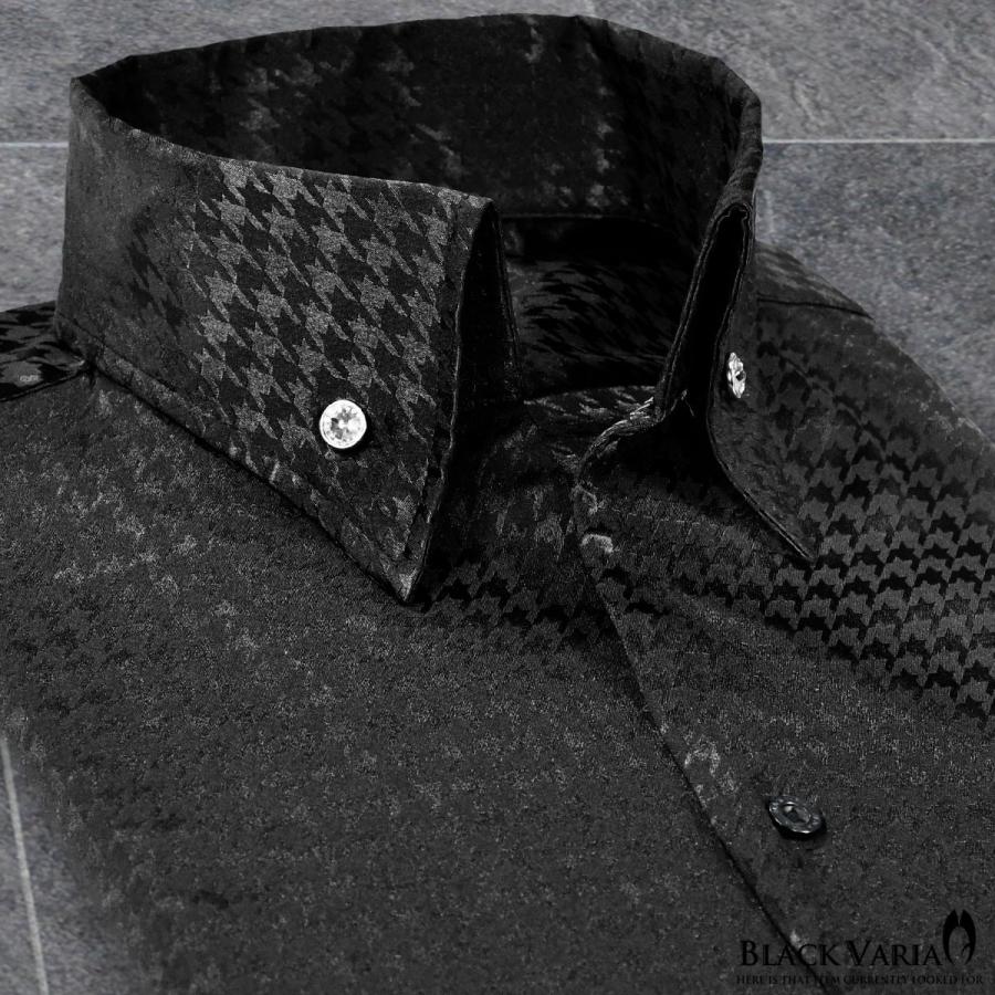 BlackVaria サテンシャツ ドレスシャツ スキッパー 千鳥格子柄 日本製 ボタンダウン スリム 無地 パーティー mens メンズ(ブラック黒) 191255｜mroutlet