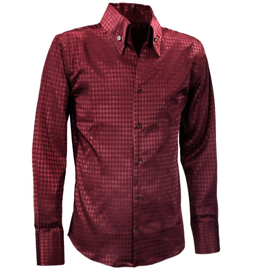 サテンシャツ ドレスシャツ スワロフスキー釦 スキッパー 長袖 千鳥格子柄 日本製 ボタンダウン メンズ スリム(ワインレッド赤) 191255 BLACK VARIA（ブラックバリア） サテンシャツ ドレスシャツ