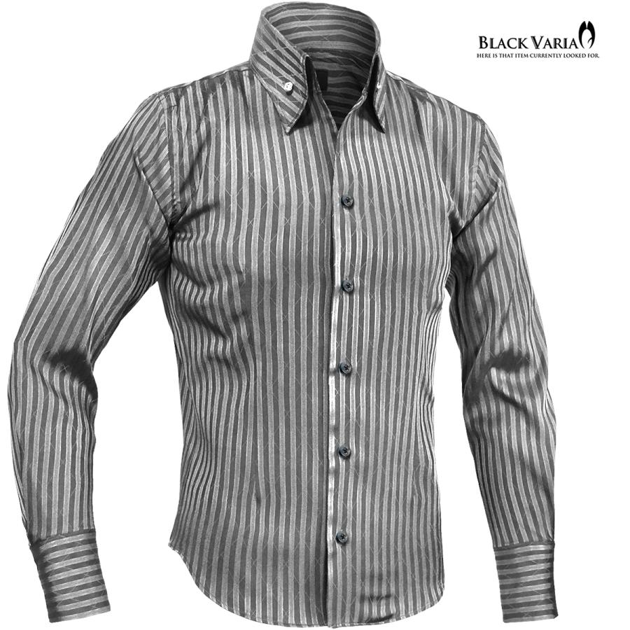 BlackVaria サテンシャツ ドレスシャツ スキッパー ストライプ ジャガード ボタンダウン スリム 日本製 無地 mens メンズ(グレー灰シルバー銀) 191852｜mroutlet｜02