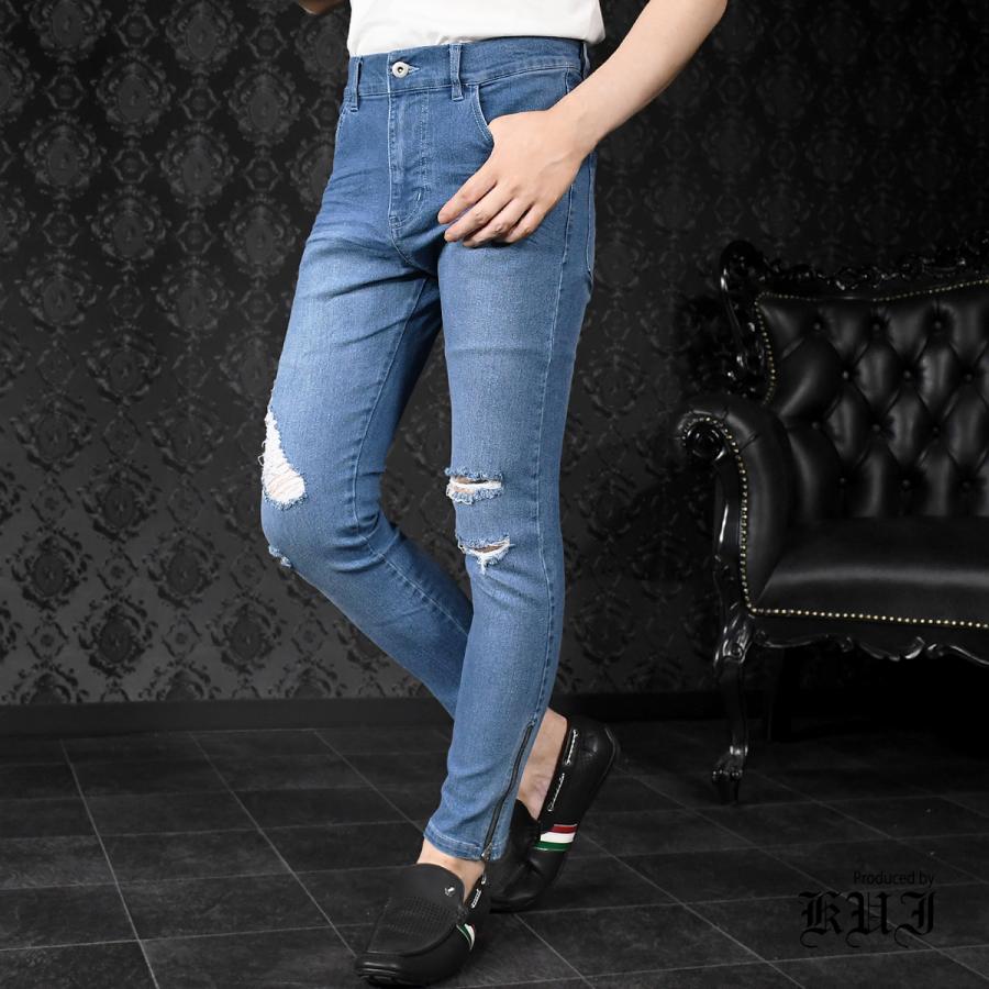 Sale スキニーパンツ アンクル丈 デニム ダメージ加工 サイドzip スリム タイト ストレッチ ボトムス ロングパンツ Mens メンズ ブルー青 932 1404 Kui 932 1bl Black Varia 通販 Yahoo ショッピング