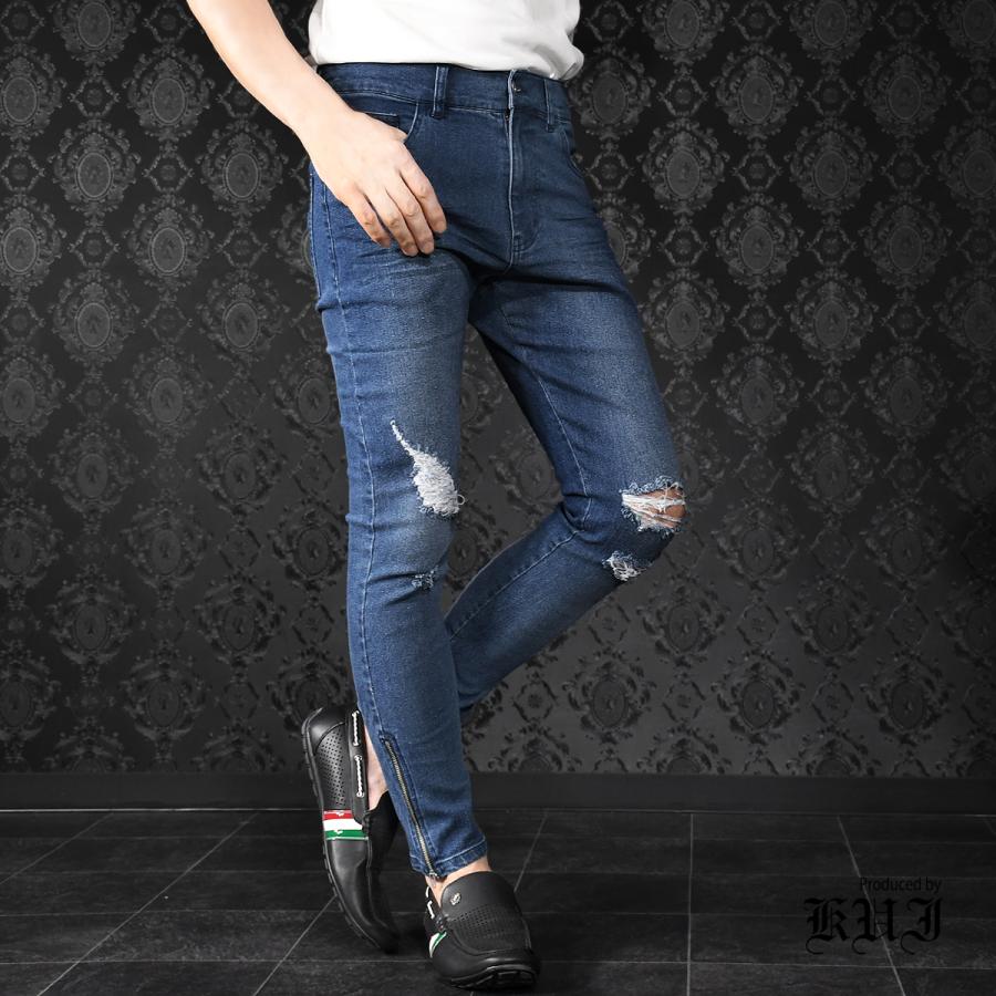 スキニーパンツ アンクル丈 デニム ダメージ加工 サイドzip スリム タイト ストレッチ ボトムス ロングパンツ Mens メンズ ネイビー紺 932 再販ご予約限定送料無料