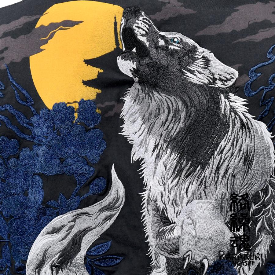 絡繰魂 粋 オオカミ Tシャツ クルーネック 和柄 刺繍 満月 藤 桜 半袖 Mens メンズ ブラック黒 81 1405 Cr 81 Black Varia 通販 Yahoo ショッピング