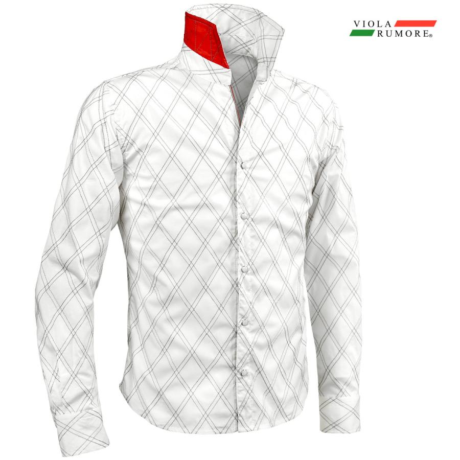 開店祝い Viola ヴィオラ ビオラ シャツ ダイヤ柄ステッチ 襟裏配色 スキッパー 長袖 Mens メンズ ホワイト白グレーステッチ 値引きする Atempletonphoto Com