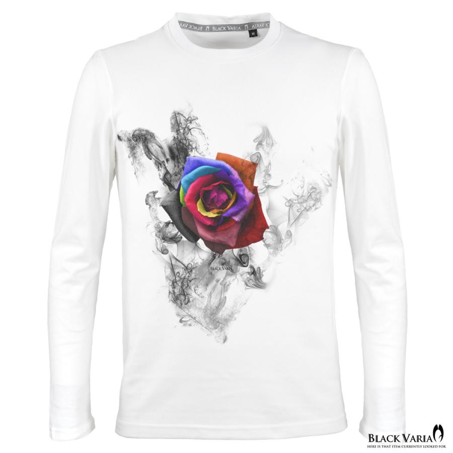 Blackvaria Tシャツ Crzkk046ls Mens クルーネック スモーク スリム バラ ホワイト白 メンズ 丸首 煙 細身 花 薔薇 長袖tシャツ 人気ブランドの 花