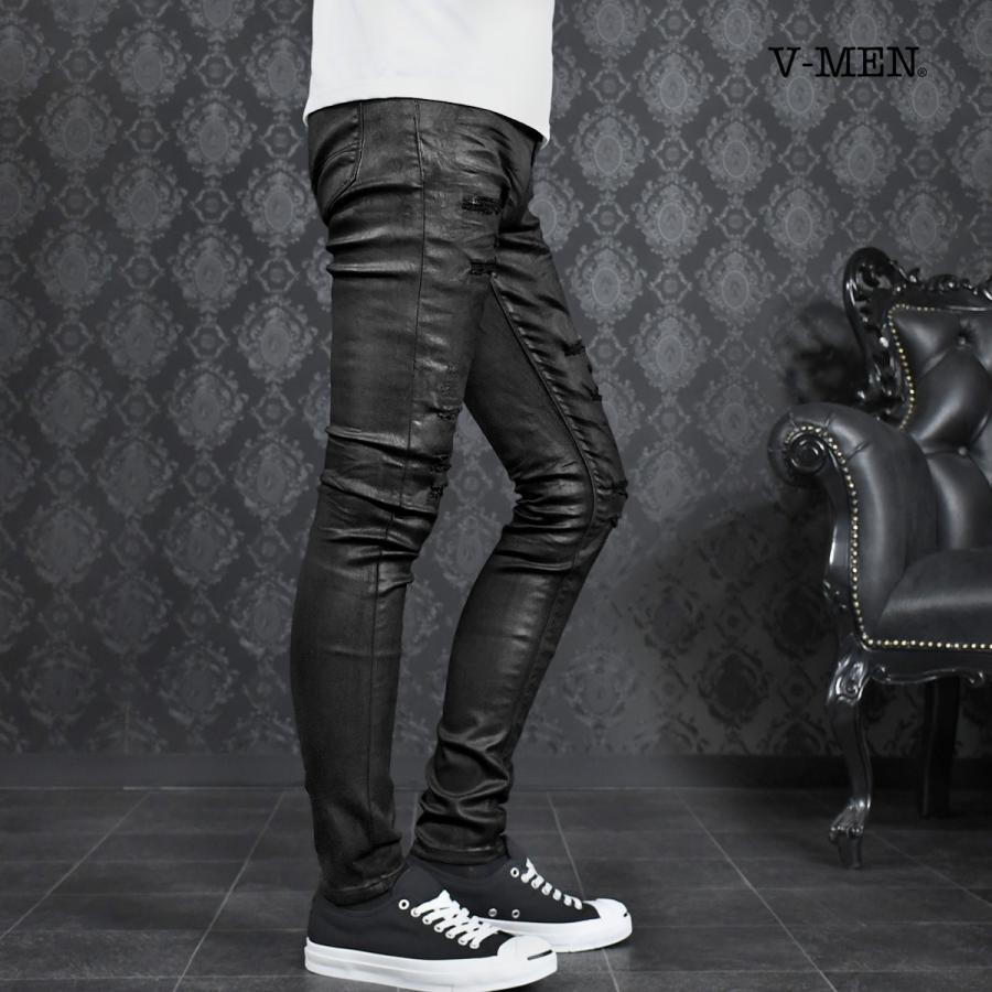 ジーパン V-men スキニーパンツ フリンジ切替 ストレッチ 美脚 ダメージデニム