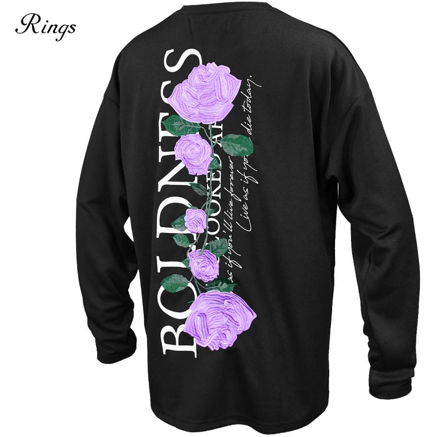 ロンt ローズ刺繍 バラ 薔薇 ルーズシルエット クルーネック 長袖 Tシャツ Mens メンズ ブラック黒 紫バラ 150c Rin 25 Black Varia 通販 Yahoo ショッピング