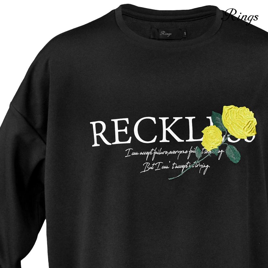 ロンT ローズ刺繍 バラ 薔薇 ルーズシルエット クルーネック 長袖 T 