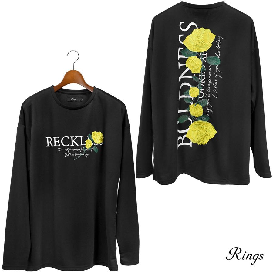ロンT ローズ刺繍 バラ 薔薇 ルーズシルエット クルーネック 長袖 T