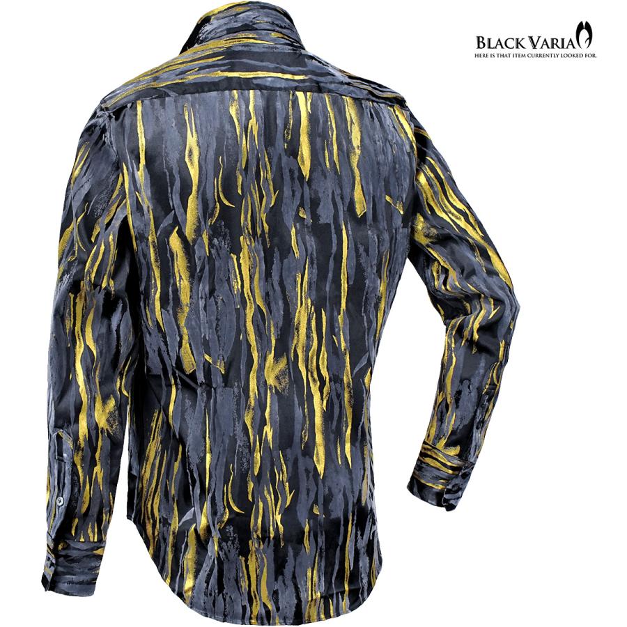 BLACK VARIA サテンシャツ フロッキープリント ラメプリント ドレスシャツ レギュラーカラー メンズ(ブラック黒ゴールド金) 231903｜mroutlet｜02