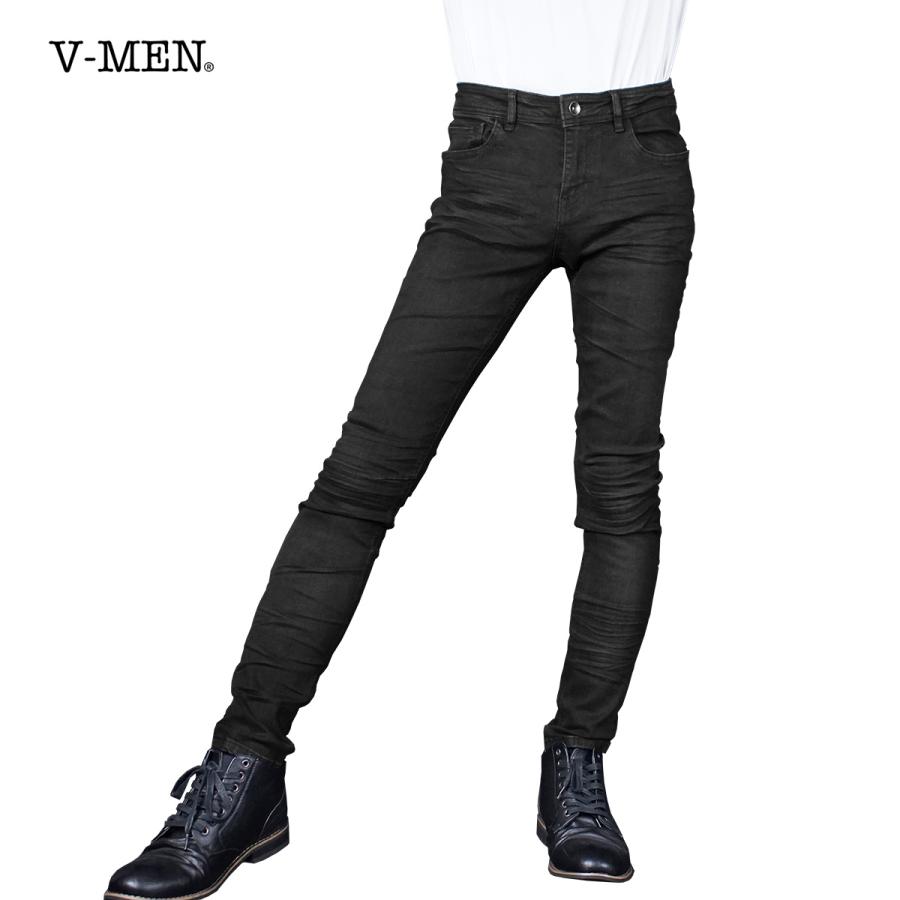 V-men スキニーパンツ スリム シワ加工 細身 ストレッチ ブラック