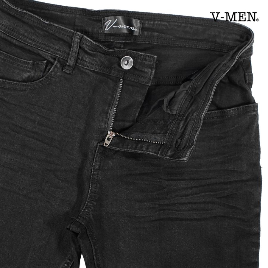 V-men スキニーパンツ スリム シワ加工 細身 ストレッチ ブラック