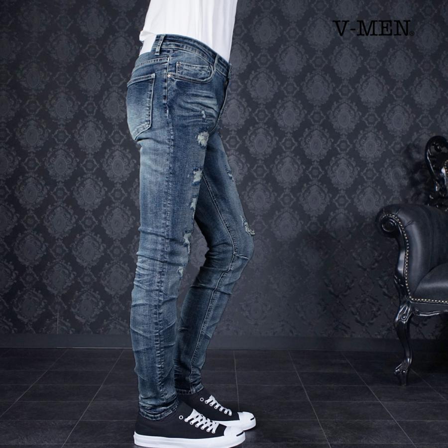 V-men スキニーパンツ リペア加工 ダメージ 細身 クラッシュ 