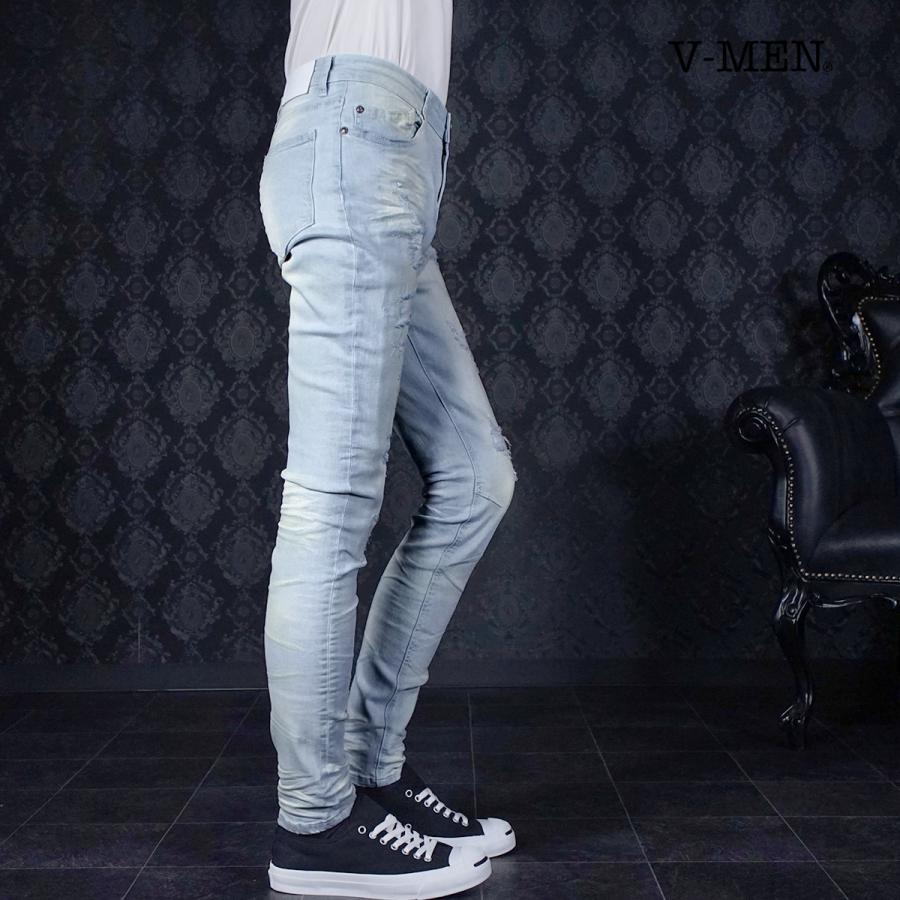V-men スキニーパンツ リペア加工 ダメージ 細身 クラッシュ 