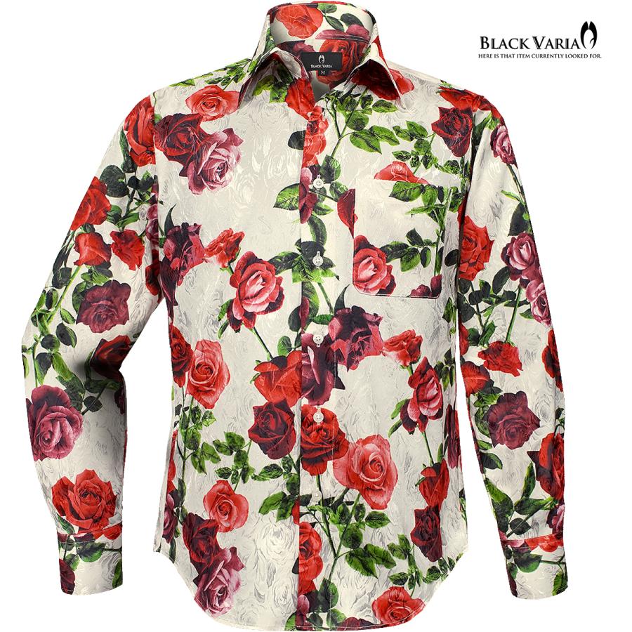 BLACK VARIA サテンシャツ ドレスシャツ ドゥエボットーニ 薔薇 花柄 ボタニカル レギュラーカラー ジャガード 日本製 パーティー メンズ(ホワイト白) 251102_1