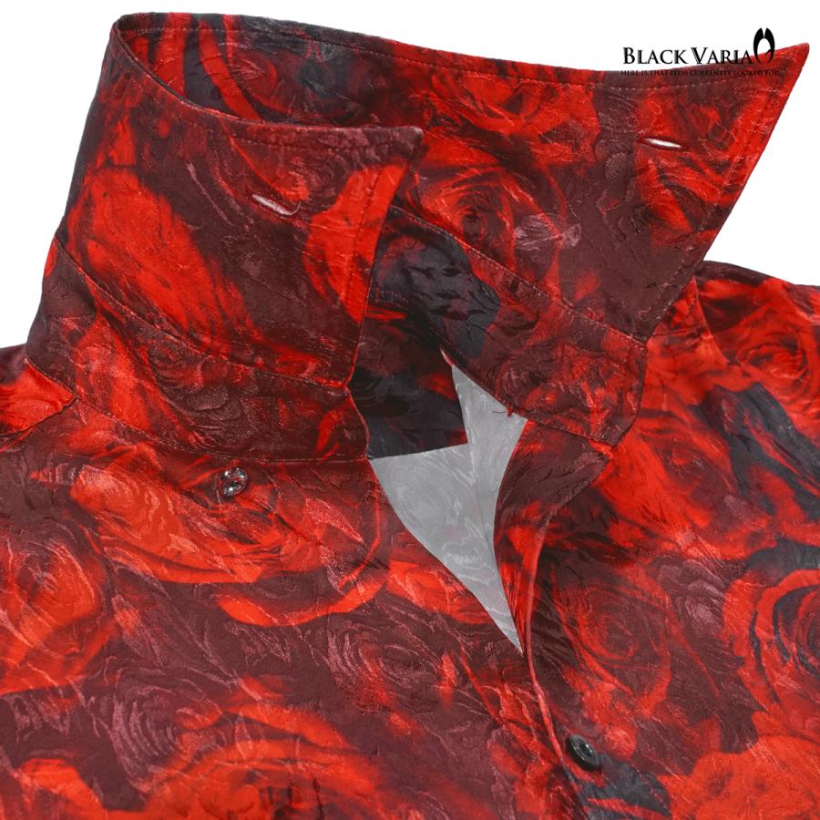BLACK VARIA ブラックバリア サテンシャツ ドレスシャツ スキッパー 薔薇柄 花 ジャガード ボタンダウン(レッド赤) 251104 BLACK VARIA（ブラックバリア） サテンシャツ ドレスシャツ スキッパー