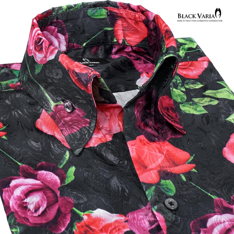 BLACK VARIA ブラックバリア サテンシャツ ドレスシャツ スキッパー 薔薇柄 ボタニカル ジャガード ボタンダウン(ブラック黒) 251105 BLACK VARIA（ブラックバリア） サテンシャツ ドレスシャツ スキッパー