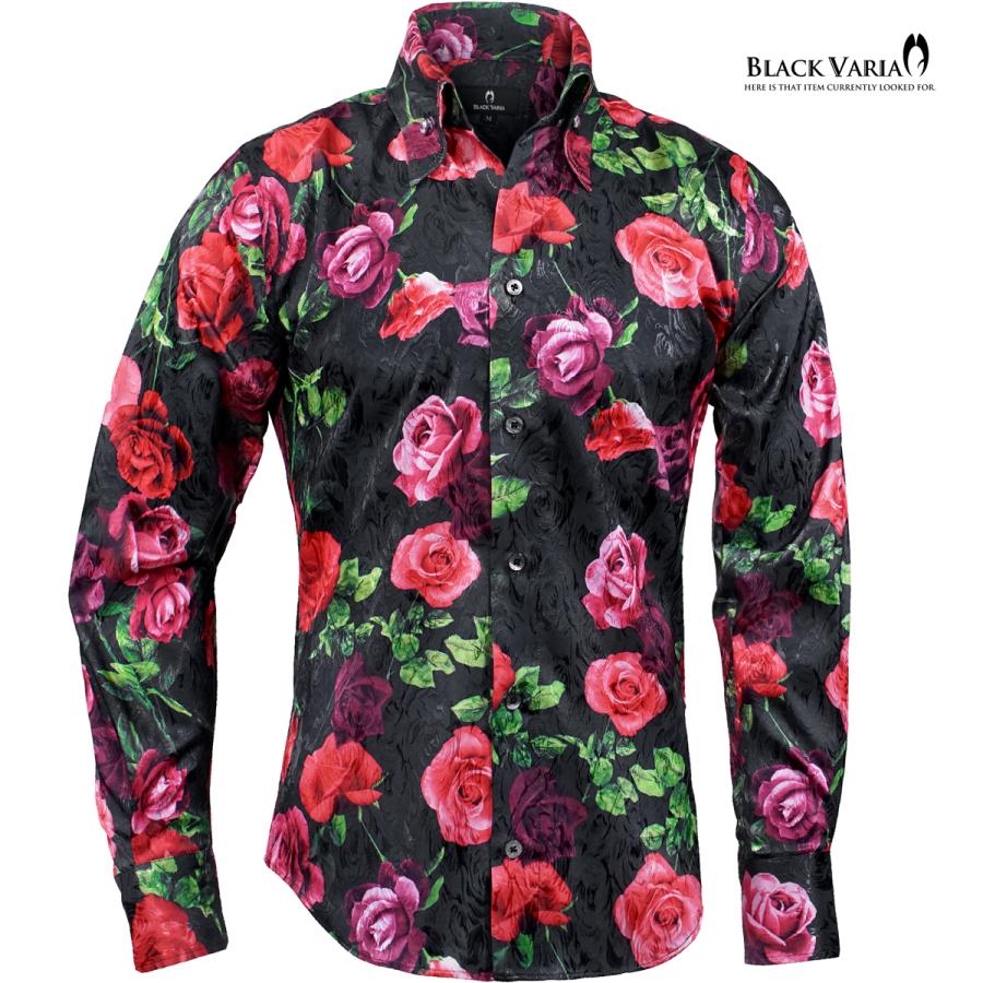 BLACK VARIA ブラックバリア サテンシャツ ドレスシャツ スキッパー 薔薇柄 ボタニカル ジャガード ボタンダウン 日本製 メンズ 柄シャツ(ブラック黒) 251105_1