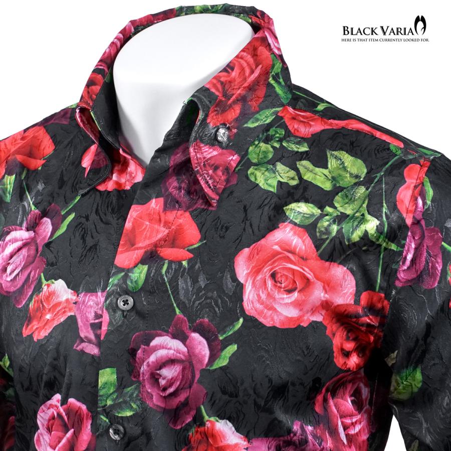 BLACK VARIA ブラックバリア サテンシャツ ドレスシャツ スキッパー 薔薇柄 ボタニカル ジャガード ボタンダウン 日本製 メンズ 柄シャツ(ブラック黒) 251105_3