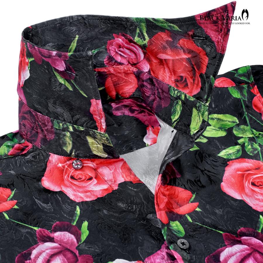 BLACK VARIA ブラックバリア サテンシャツ ドレスシャツ スキッパー 薔薇柄 ボタニカル ジャガード ボタンダウン 日本製 メンズ 柄シャツ(ブラック黒) 251105_4