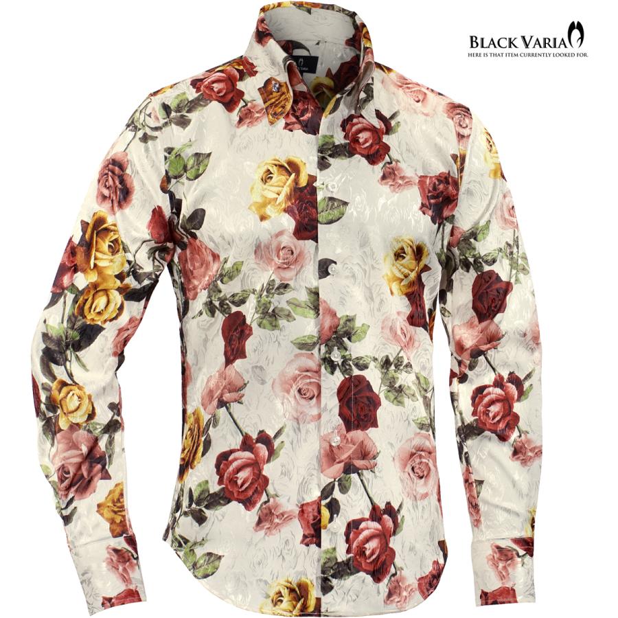 BLACK VARIA ブラックバリア サテンシャツ ドレスシャツ スキッパー 薔薇柄 ボタニカル ジャガード ボタンダウン(ホワイト白) 251105 BLACK VARIA（ブラックバリア） サテンシャツ ドレスシャツ スキッパー