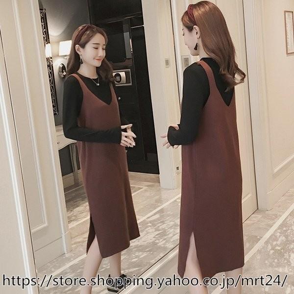 おしゃれ ショップ マタニティ ワンピース 授乳服 柔らか ニットキャミワンピ 服 安い マタニティウエア 2点セット 長袖 ｔシャツ ワンピ 秋 冬