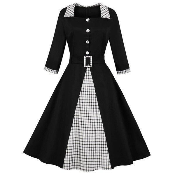 ワンピース レディース ヴィンテージ レトロ 60年代風 チェック スクエア カラー 7分袖 パッチワークボタン ベルト パーティー Y Ms Shop 通販 Yahoo ショッピング