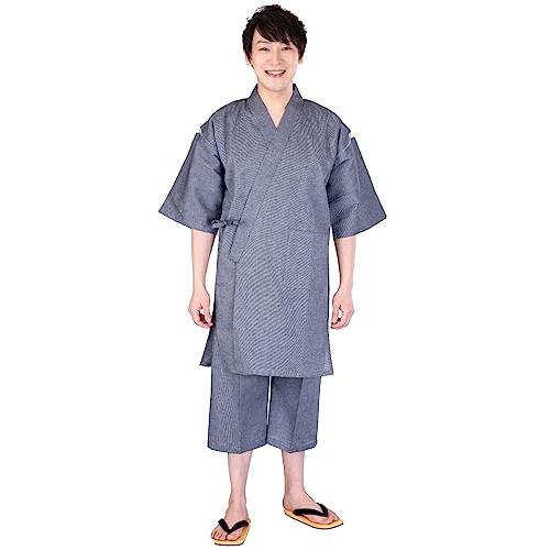 [あい藍] メンズ ロング甚平 着丈ながめ&7分丈ズボン サラッとしていてベタつかないしじら織 日本製 綿100% (M， グレー) 