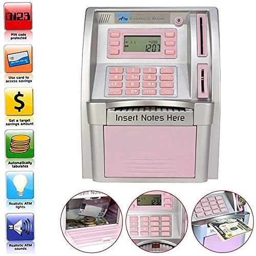 2お金 おもちゃ ATM貯金箱子供のためのリアルマネー大人のためのピンクの個人用ATM機 デビットカードコイン認識ビルフィー 並行輸入 Pink