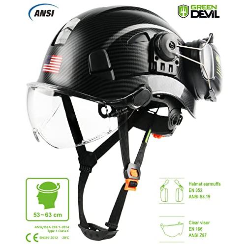 バイザーと耳の保護を備えたセーフティヘルメットハードハット調整可能な軽量換気ABSワークヘルメット男性と女性6ポイントサスペンションAN　並行輸入