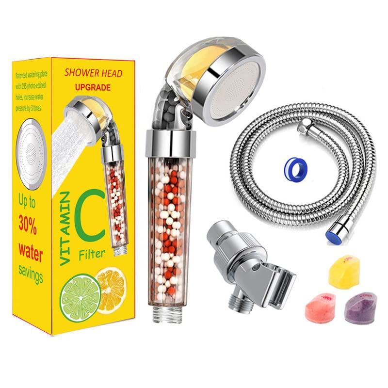 調節可能な高圧シャワーヘッド ホース、ヘルダー、PTFEテープ付き ビタミンCシャワーヘッド ハンドヘルド硬水軟化剤付き 浄水フィルター 並行
