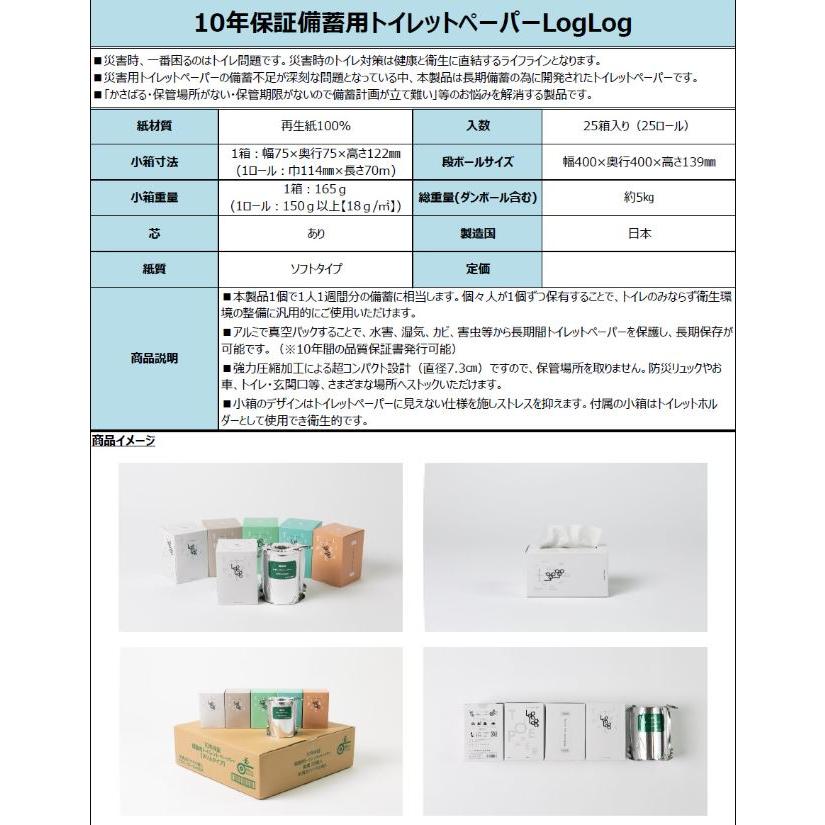 LogLog（ログログ）10年保証 備蓄 トイレットペーパー 丸英製紙 25箱 1ケース 個包装 自治体 企業 ノベルティ プレゼント 長期保存 お祝いの画像