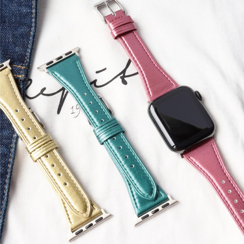 アップルウォッチ バンド 革 本革 牛革 メタリック apple watch band Series 1 2 3 4 5 6 7 8 se Ultra 38mm 40mm 41mm 42ｍｍ 44mm 45mm 49ｍｍ 女性 RWC029 | Apple Watch | 11