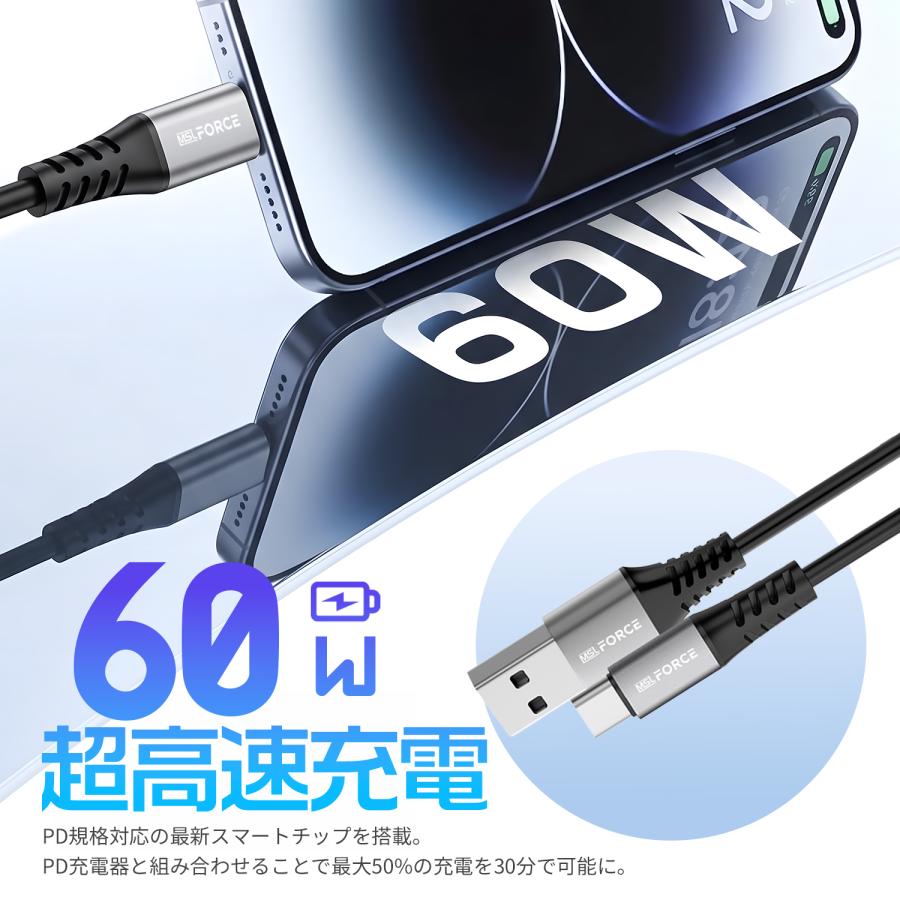 【最大600円引き】USB-A/USB-C to USB-C 充電ケーブル PD60W/100W  480Mbps データ転送 Type C ナイロン編み iphone17/16 対応 | MSL FORCE | 01