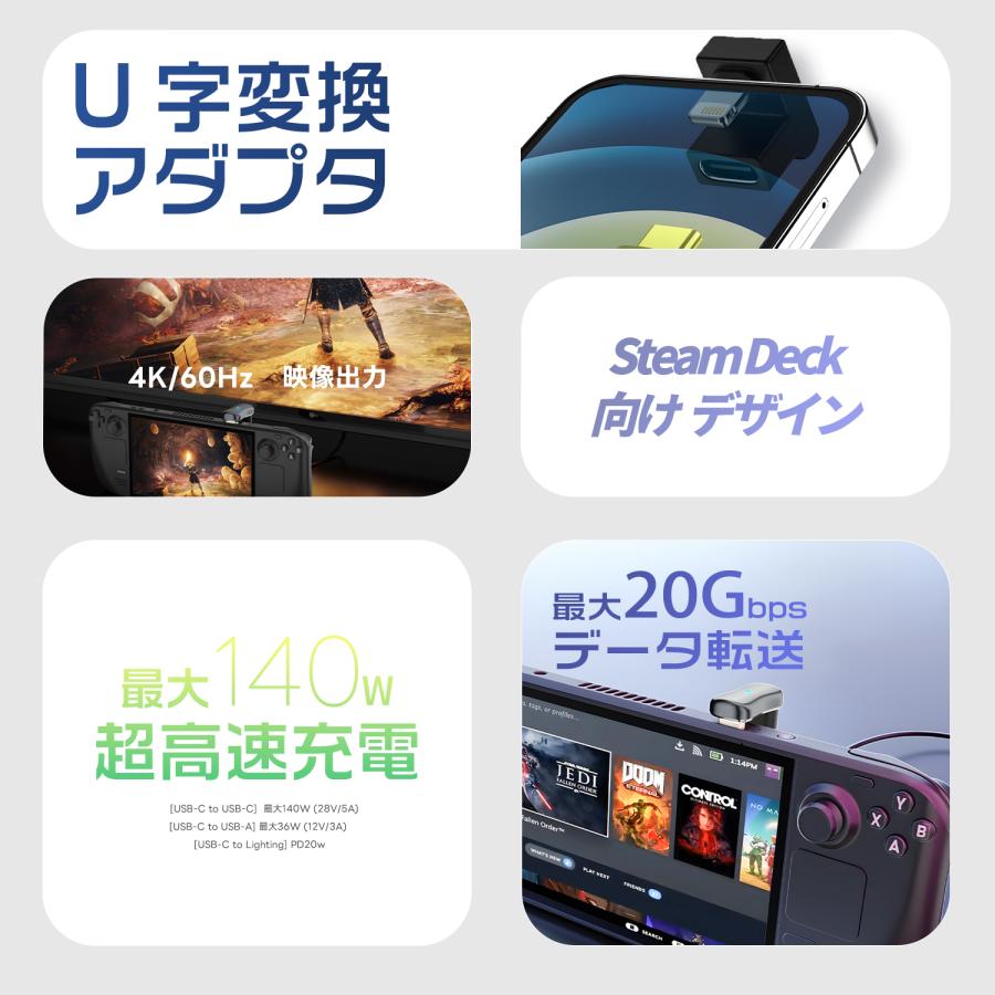 【39%OFF限定クーポン】適格請求書発行可 Type-C 変換アダプタ 180度 U字型 140W急速充電 20Gbps高速転送 lighting USB-A USB-C ctol-u 送料無料 (39%) | MSL FORCE | 01