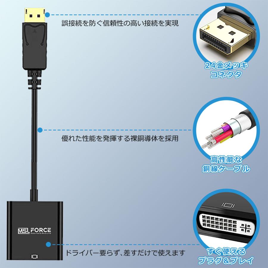 本日最大600円引き Displayport DVI 変換アダプター 1080P@60Hz 解像度対応 金メッキ単方向ディスプレイポート 音声対応  dp2dvi-1080 送料無料｜mslforce｜07