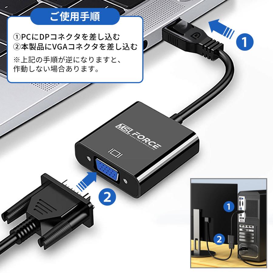 【最大600円OFF限定クーポン】DisplayPort to VGA 変換アダプタ 1920×1080 単方向 フルHD 金メッキ データ転送 変換ケーブル dp2vga 送料無料 | MSL FORCE | 04