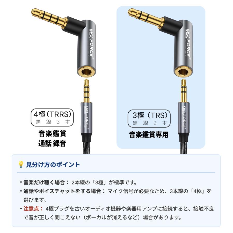 【最大600円引き】3.5mm オーディオ変換アダプタ L字型 (3極 / 4極) 90度 直角イヤホンジャック 24K金メッキ端子 省スペース 断線防止 スマホ/PC/タブレット対応 | MSL FORCE | 04