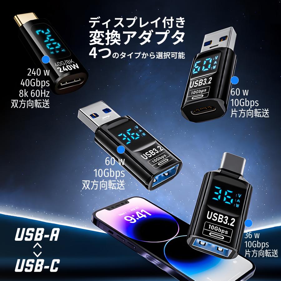 【750円から〜2個目半額/3個目タダ】リアルタイム電力表示 USB 3.2 変換アダプタ 10Gbps 高速データ転送 240W/60W/36W PD急速充電対応 USB-C USB-A msla | MSL FORCE | 01