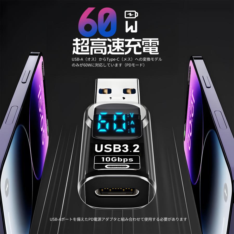 【750円から〜2個目半額/3個目タダ】リアルタイム電力表示 USB 3.2 変換アダプタ 10Gbps 高速データ転送 240W/60W/36W PD急速充電対応 USB-C USB-A msla | MSL FORCE | 02