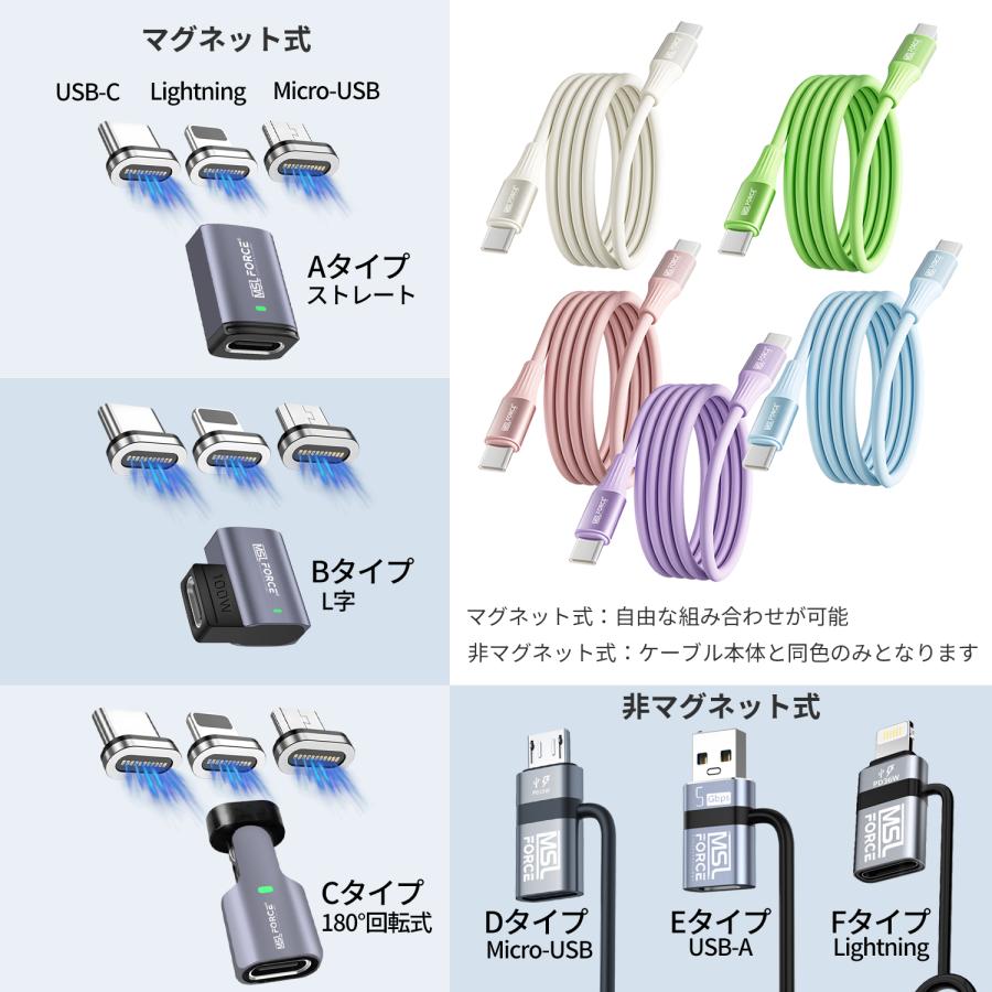 【2個目半額】USB-C ケーブル 240W 超高速充電 1m マグネット自動収納 シリコン素材 PD対応 480Mbps 高速データ転送 2個セット | MSL FORCE | 06