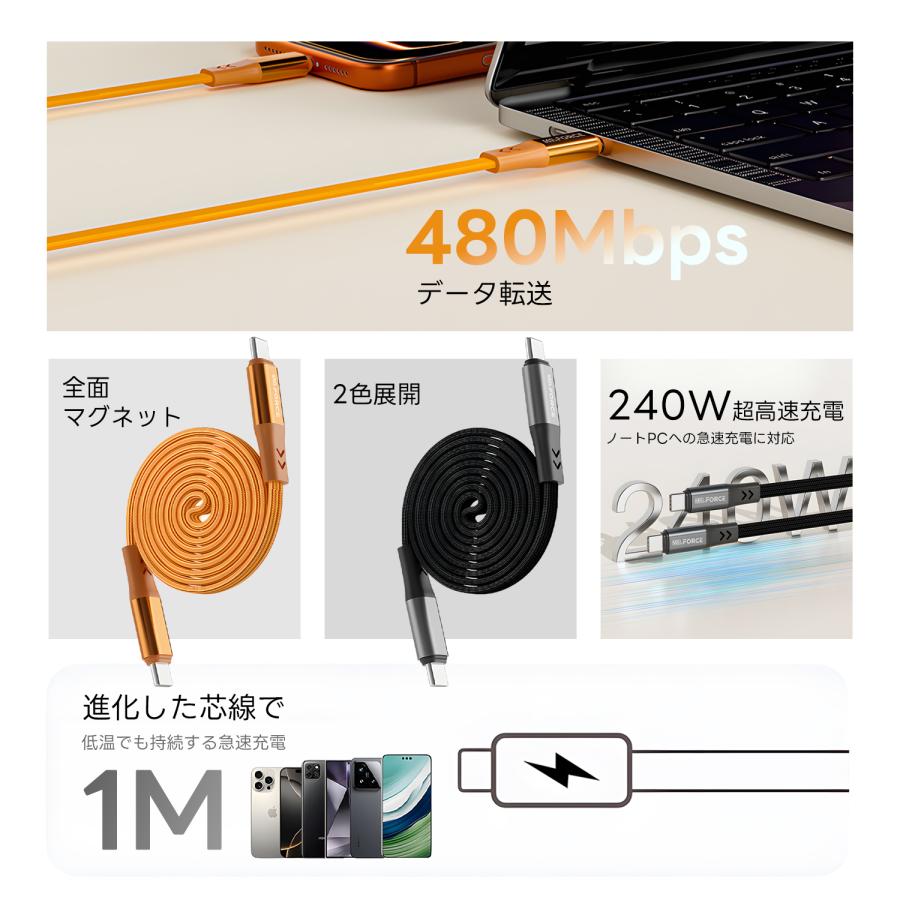 【最大600円OFF限定クーポン】適格請求書発行可 USB-C マグネットケーブル 240W 超高速充電 1m 自動収納 ナイロン編み PD対応 480Mbps データ転送 RB003送料無料 | MSL FORCE | 03