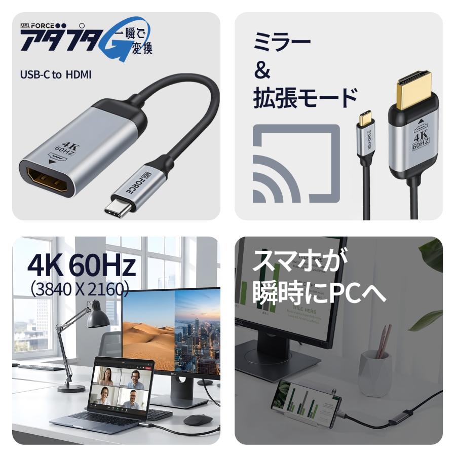 【最大600円引き】Type-C（オス）to HDMI（メス）変換アダプター 4K対応 60Hz ケーブル 抜き差し滑り止め iphone15/16シリーズ対応  uc0107 送料無料 | MSL FORCE | 01