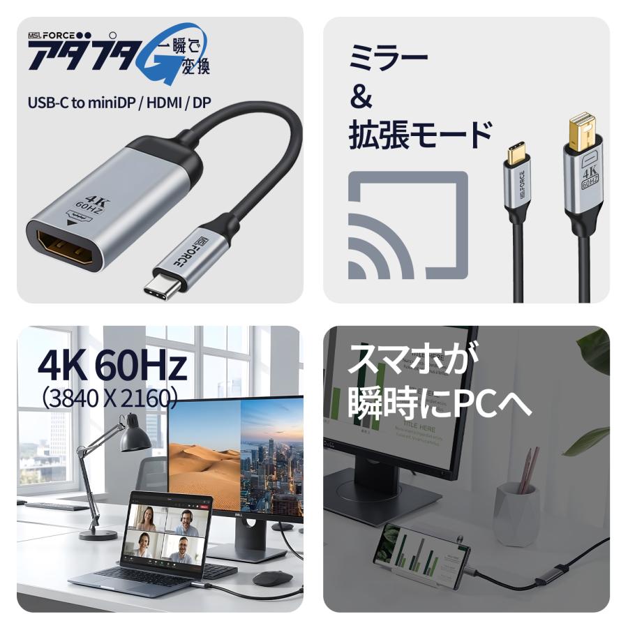 【最大600円引き】USB-C（オス）to DisplayPort/HDMI/miniDP（メス）変換ケーブル 4K60hz Type-C HDMI 変換 アダプタ  iphone シリーズ対応 uc0109 | MSL FORCE | 01
