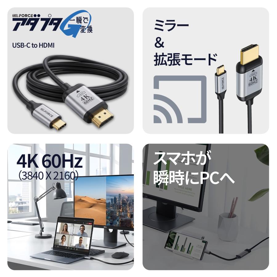 【1380円から〜】Type-C(オス) to HDMI(オス) 変換ケーブル ストレート 1.8m 4K 60Hz iphone15/16シリーズ対応 uc0120 送料無料 | MSL FORCE | 02
