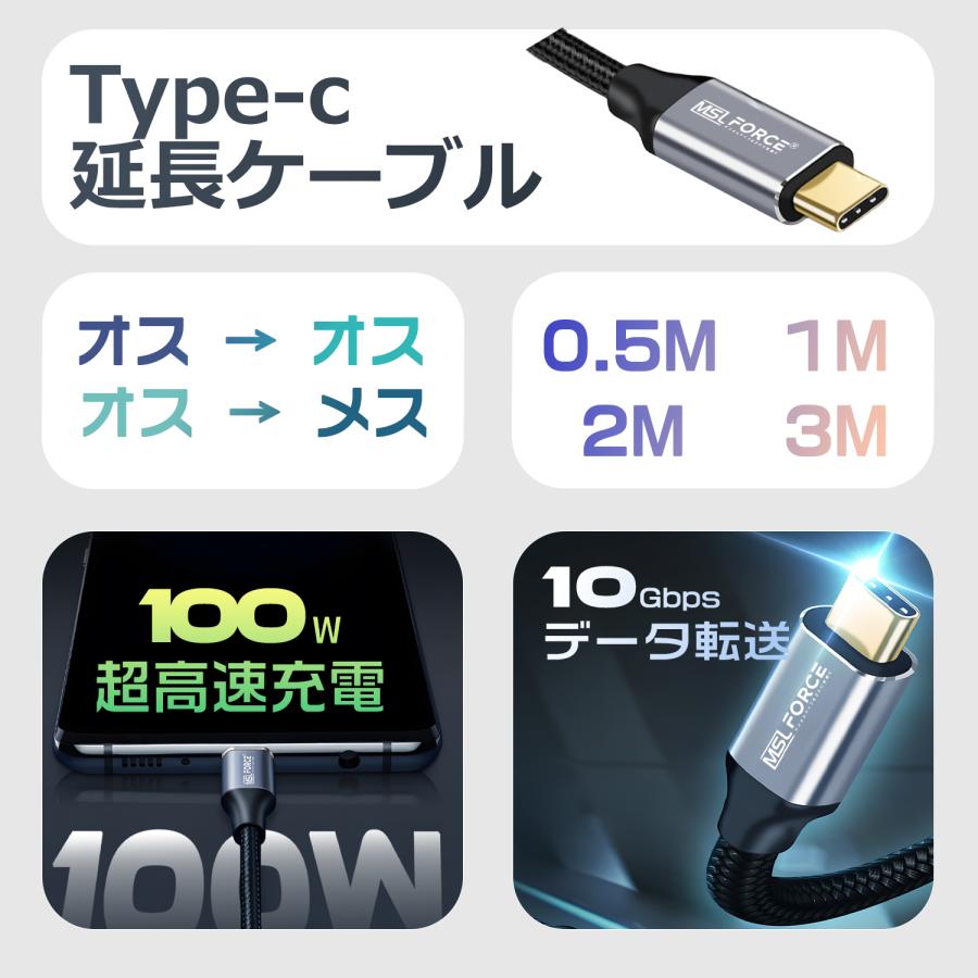MSL FORCE USB-c type-C 延長ケーブル 0.5m 1m 2m 3m USB3.1 Gen2