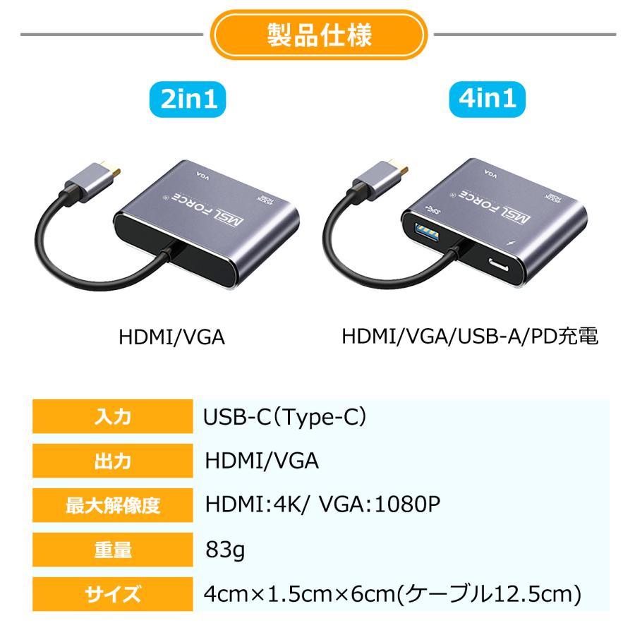 【最大600円OFF限定クーポン】USB-C Type-c to HDMI＆VGAハブ  2-in-1/4-in-1   変換アダプタ MacBook Proなど対応 iphone15/16シリーズ対応  uc0701 送料無料 | MSL FORCE | 05