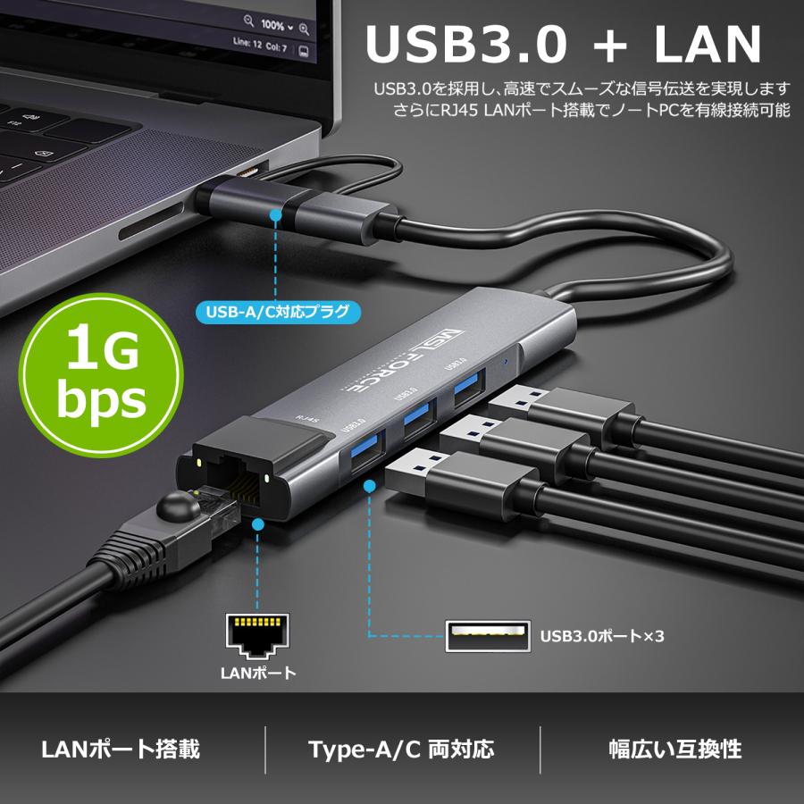 【２個目半額】Type-C A LAN RJ45 変換アダプタ 1000Mbps超高速 1GMbps switch対応 USB3.0 3ポート iphone15/16シリーズ対応   uc322 送料無料 | MSL FORCE | 01
