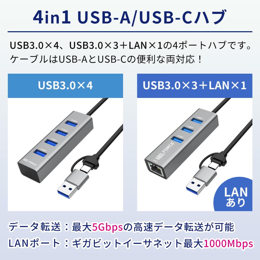 【最大600円OFF限定クーポン】4in1 USB3.0 LAN usbハブ USB-A USB-C RJ45 1000Mbps 5Gbps 高速転送 Type-C ケーブル 60cm  uc4011 送料無料 | MSL FORCE | 01
