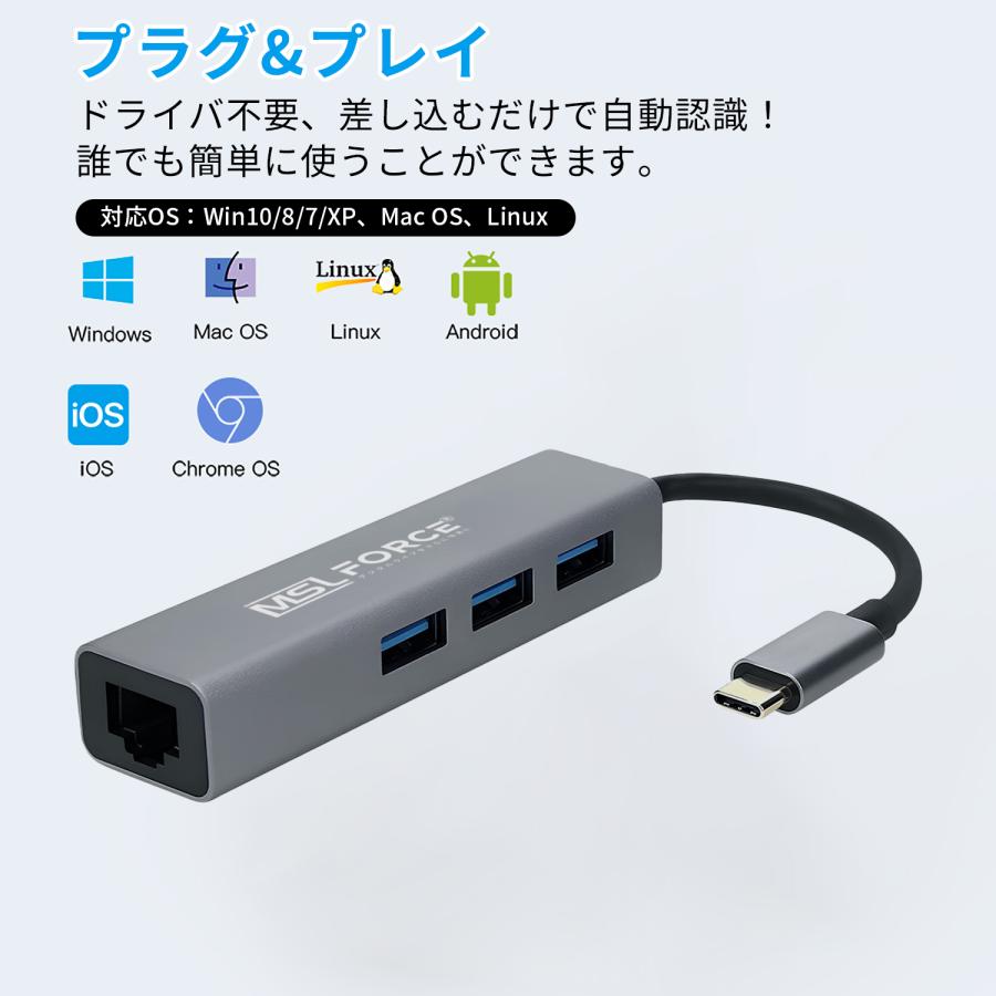 【２個目半額/最大600円OFF限定クーポン】Type-C LAN  RJ45 イーサネットギガビット アダプター3ポート USB3.0 5Gbps iphone15/16シリーズ対応 uc4014 送料無料 | MSL FORCE | 05